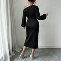 Fashionnew arrival oblique collar off-shoulder long sleevesdress waist pleated asymmetrical slit mid-length skirt elegant evening dress