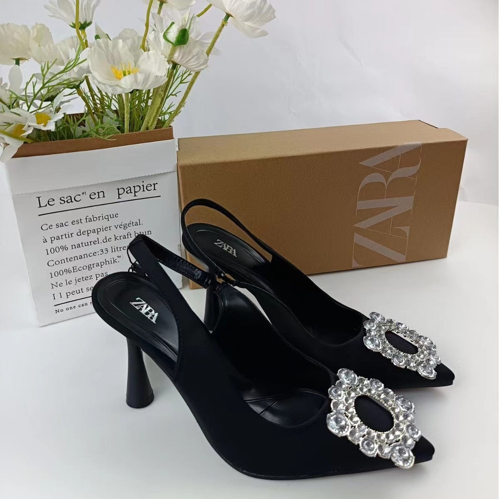 Za new 2024 pointed toe peep-toe high heels women's low-cut pumps ladies' water brick square buckle slingback fashion mules