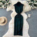 French chic high-end fashion color block knit dress - women's figure-flattering, slit hem, slim-fit tank dress