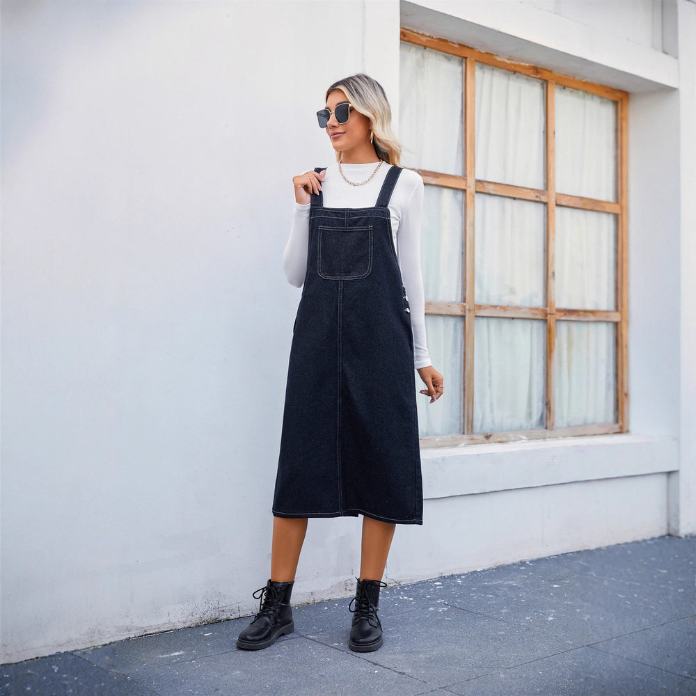 Us station fashion cross-border export   new arrivalstylish denim strap dress  mid-length skirt