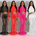 C6318 cross-border   fashion women's solid color mesh rhinestone long sleeve maxi dress two-piece set