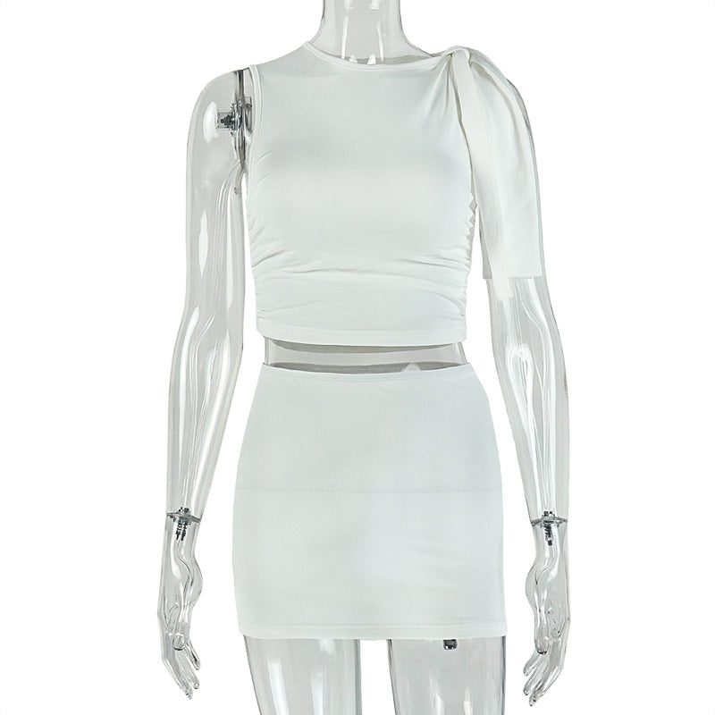 European and american style cross-border solid color spring/summer women's bodycon mini pleated skirt set - sleeveless tie-up slim fit trendy two-piece outfit