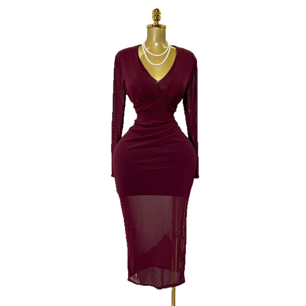 European and american cross-border e-commerce spring/autumn new v-neck stretch mesh bodycon sexy solid color midi dress