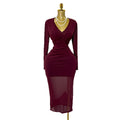 European and american cross-border e-commerce spring/autumn new v-neck stretch mesh bodycon sexy solid color midi dress