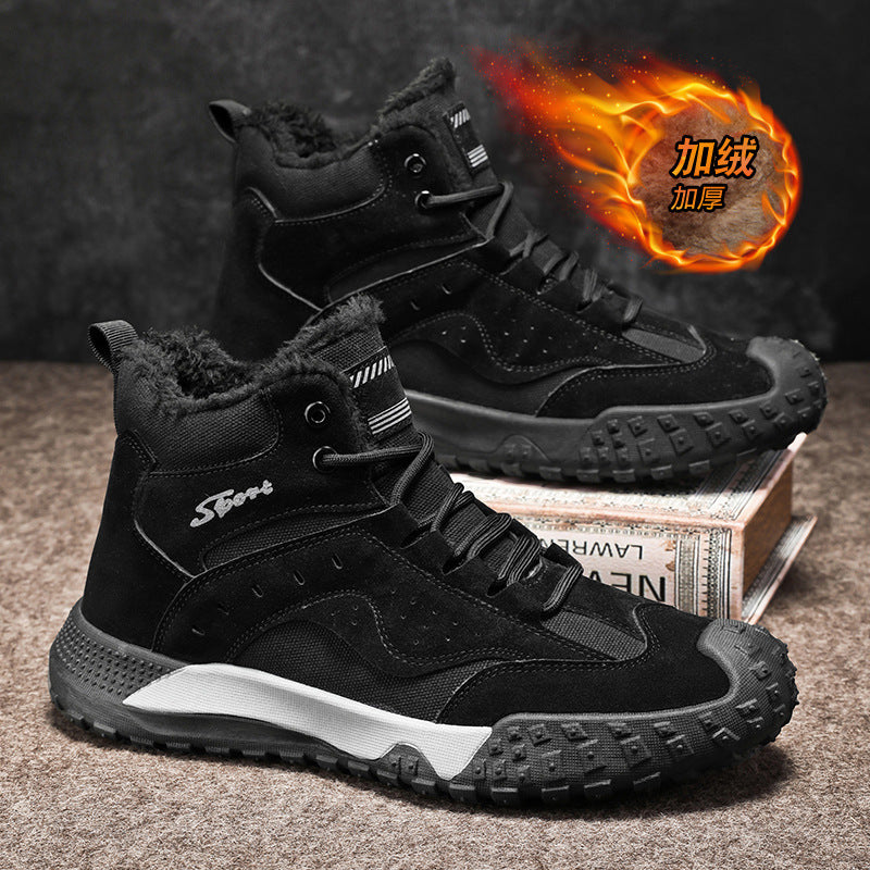 Winter fleece-lined thickened high-top cotton shoes, wear-resistant and anti-smash construction site safety shoes, hot-selling fashionable outdoor trendy work shoes
