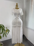 export french chic pearl embellished short-sleeve knitted dress - women's fitted waist pleated elegant maxi dress