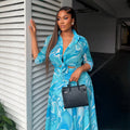 European and american cross-border women's clothing  summer new arrival: elegant casual printed long-sleeve shirt and high-waisted midi skirt set