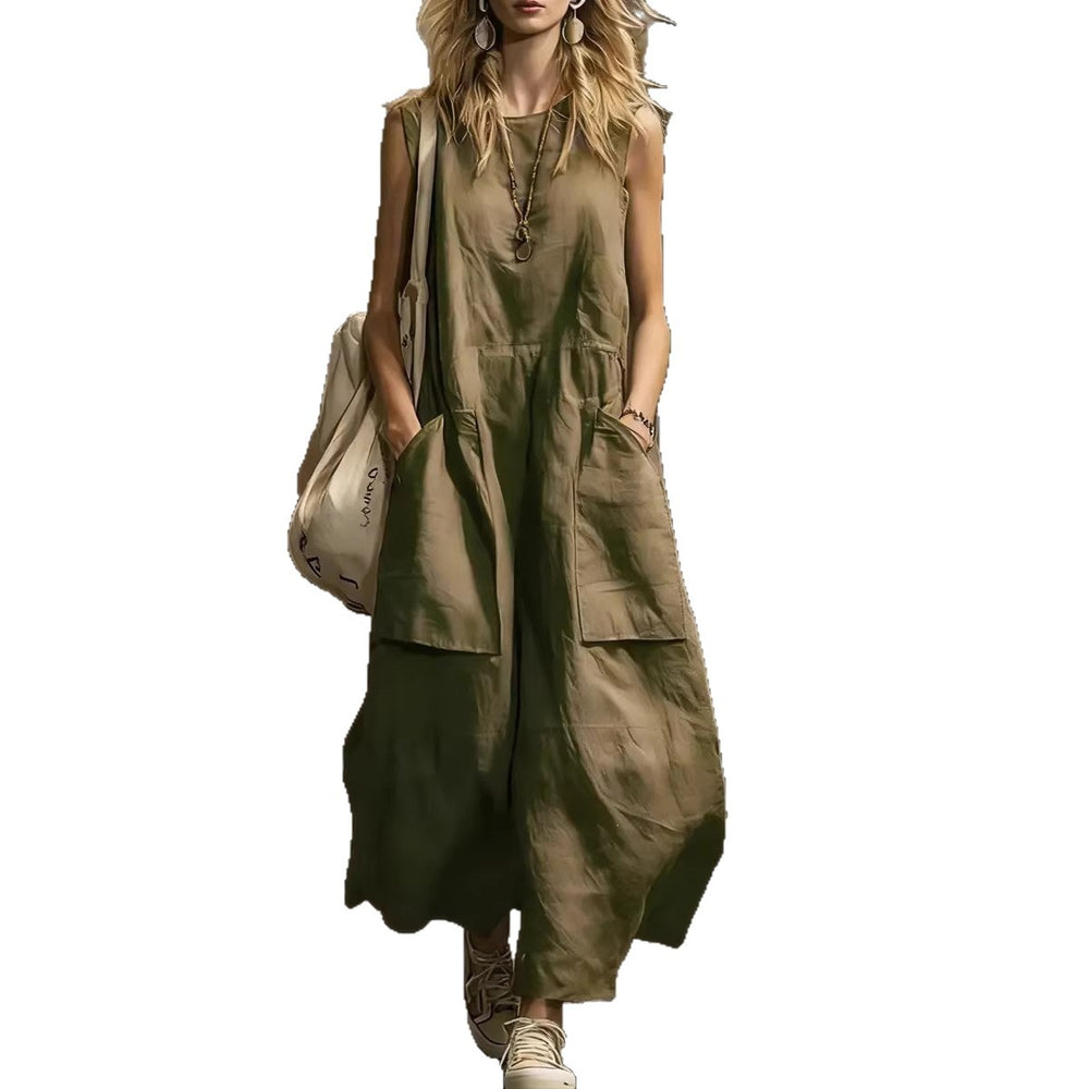 european and american cross-border  independent station spring and summer women's loose casual sleeveless pocket cotton and linen dress