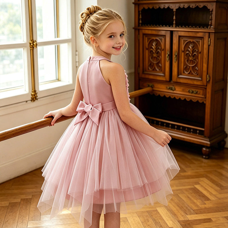girls' dress irregular hem sleeveless halter neck 3d embroidered dance costume kids princess dress - in stock