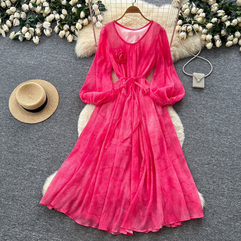 French chic lantern sleeve v-neck dress - women's summer korean style tie-waist slimming a-line maxi dress - elegant