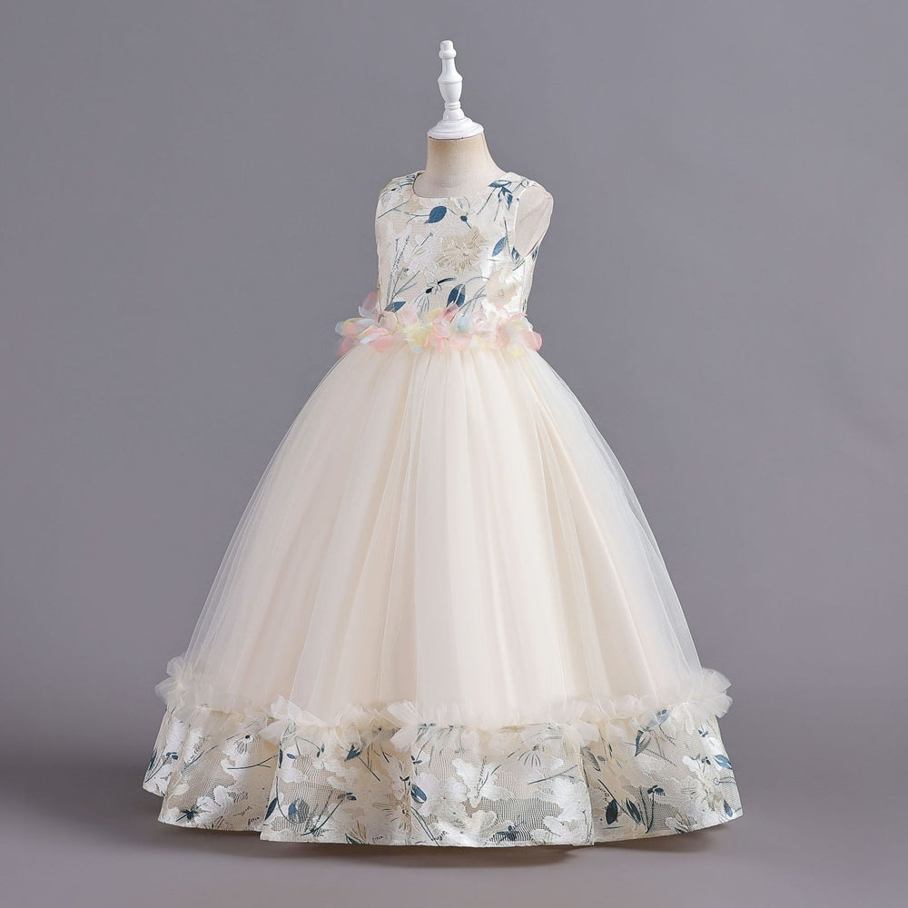 Ready-to-ship wholesale children's formal dresses, featuring a petal waistband and princess silhouette, perfect for little girls' birthdays, piano recitals, and performances