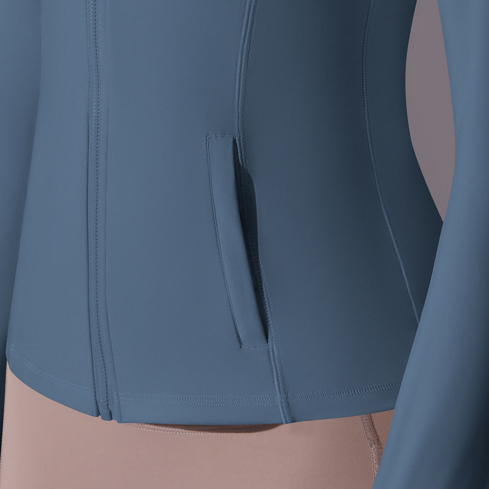 New double-sided nylon solid color zipper pocket hooded sports jacket running fitness yoga long sleeve outerwear for women