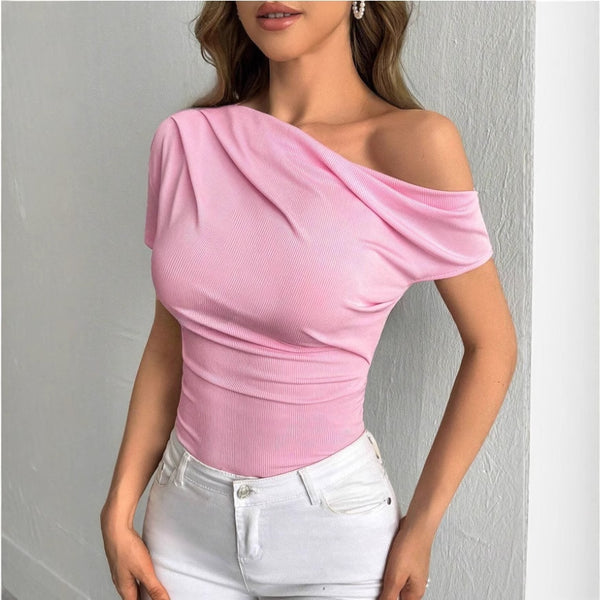 independent station hot sale, European and American  short-sleeved slash shoulder fashion T-shirt slash shoulder pleated short-sleeved top women