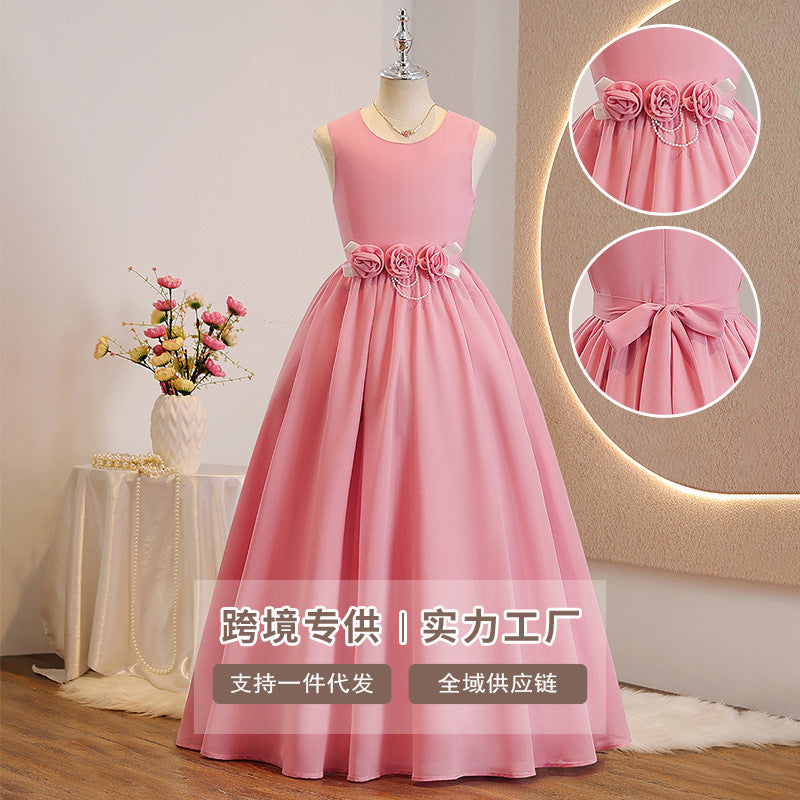 Girls' formal dress - long, round neck, minimalist style - children's evening gown - elegant & chic - birthday party - chiffon - custom made