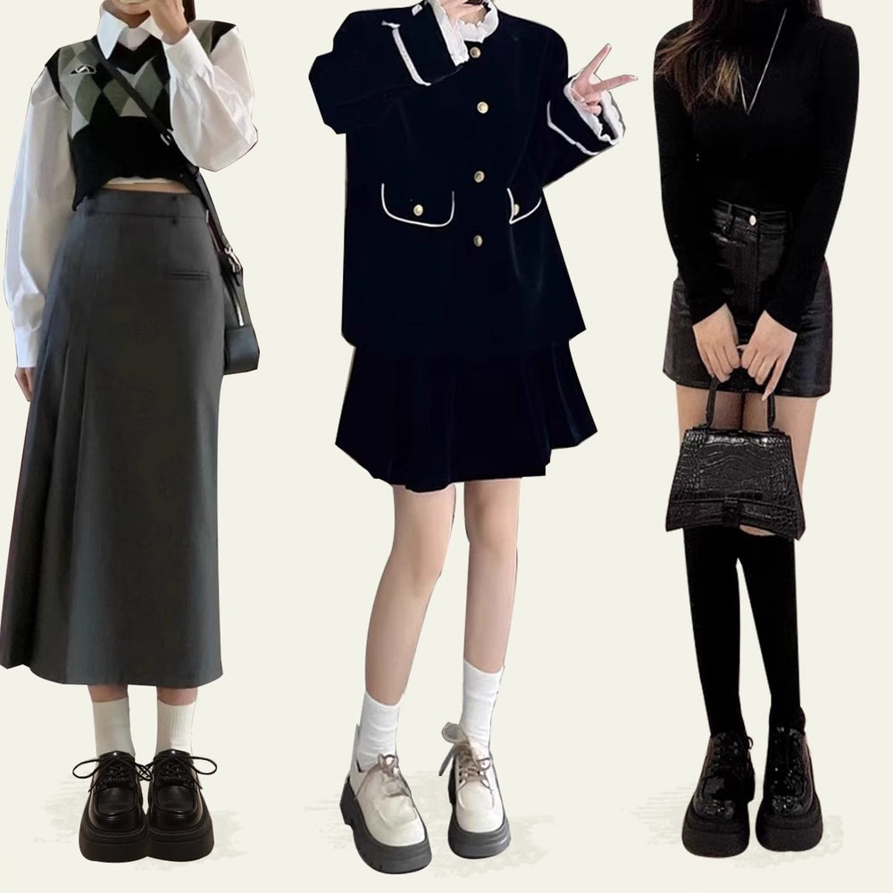 British style women's leather loafers - new autumn/winter 2026 collection - height increasing chunky sole black mary janes with lace-up closure