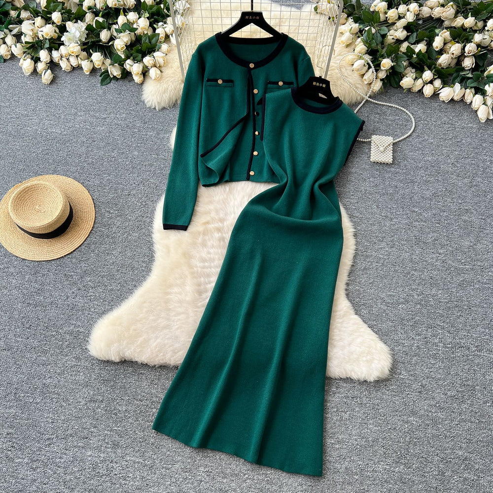 Xiaoxiangfengtwo-piece set women's fall and winterclassyeasiest for match round neck knittingcardiganoutwear + sleeveless vest dress