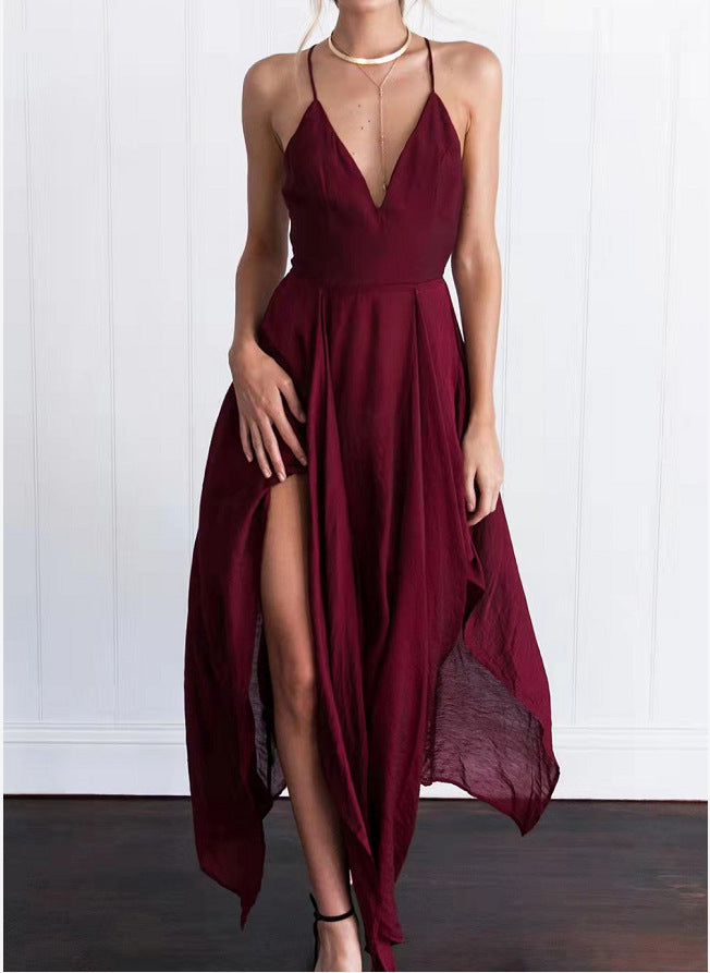 cross-border  summer european and american style women's camisole v-neck asymmetrical hem sexy maxi dress