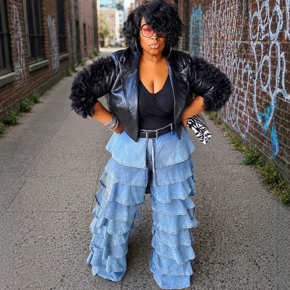 European and american style new ruffle hem denim pants -  cross-border summer women's fashion washed patchwork high-waisted trousers