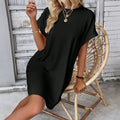 new european and american style solid color loose-fit short sleeve dress - summer casual round neck pocket design women's clothing
