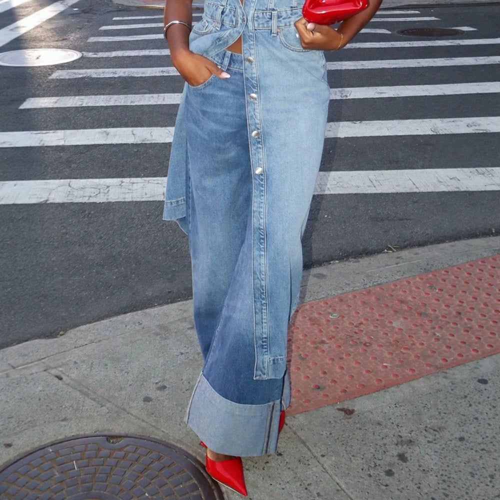European and american style women's rolled hem wide leg jeans - high waist, drapey, vintage washed denim pants