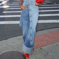 European and american style women's rolled hem wide leg jeans - high waist, drapey, vintage washed denim pants
