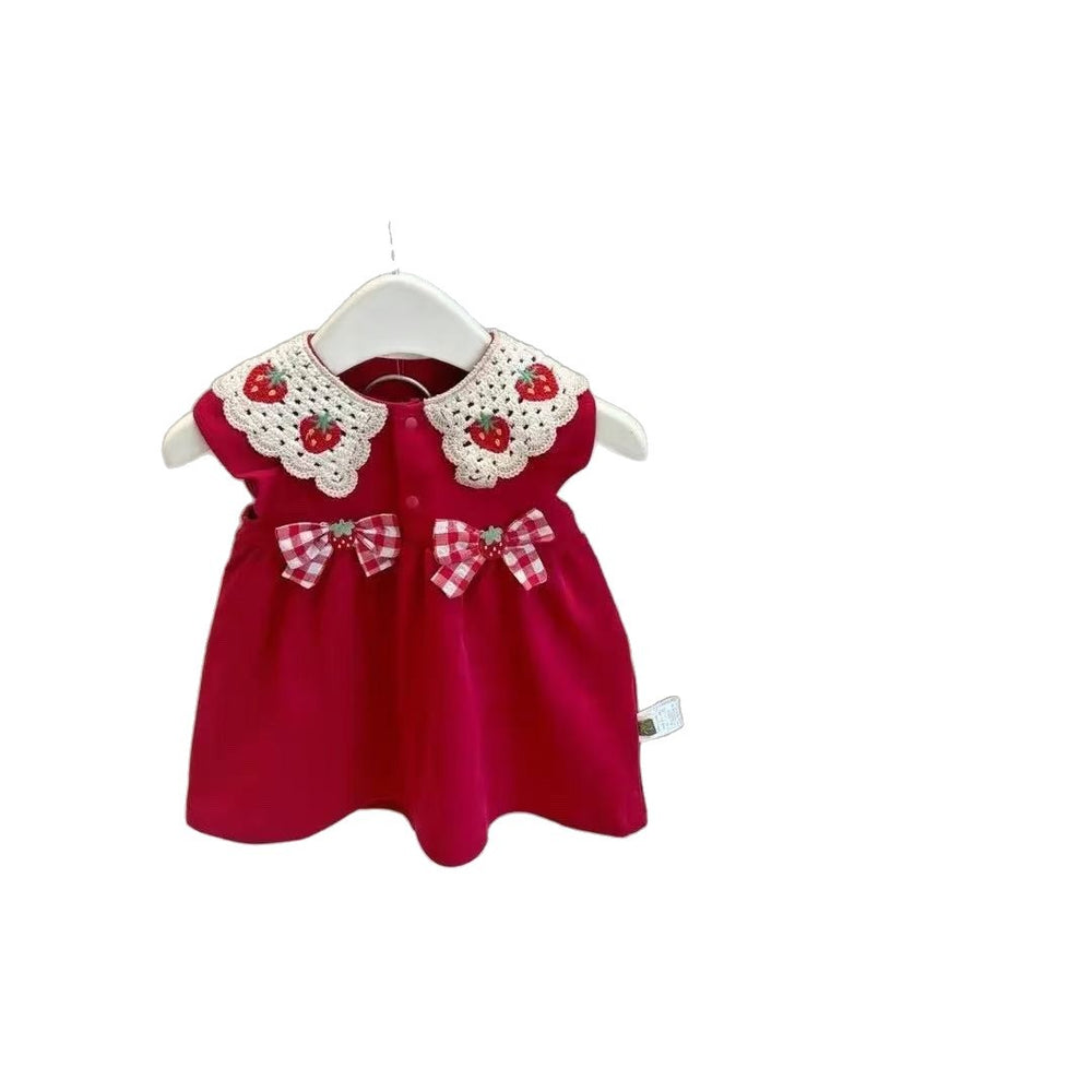 Baby girl summer romper dress with bow, hip-hugging pants, sweet & cute red strawberry design, adorable vest style