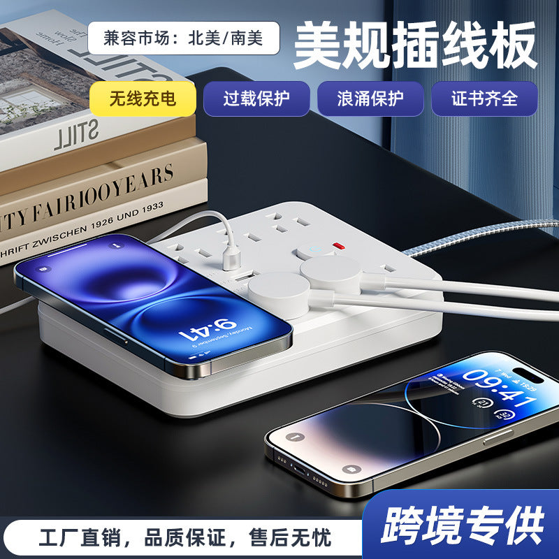 110v us standard 6-outlet power strip with usb wireless charging, overload protection, and extension cord
