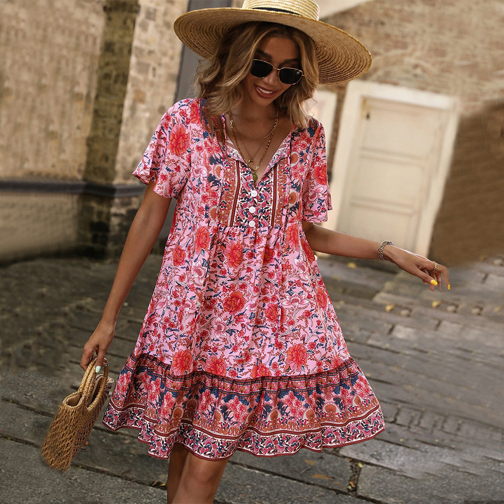 women's floral print v-neck loose fit casual bohemian vacation dress - plus size high-end women's apparel