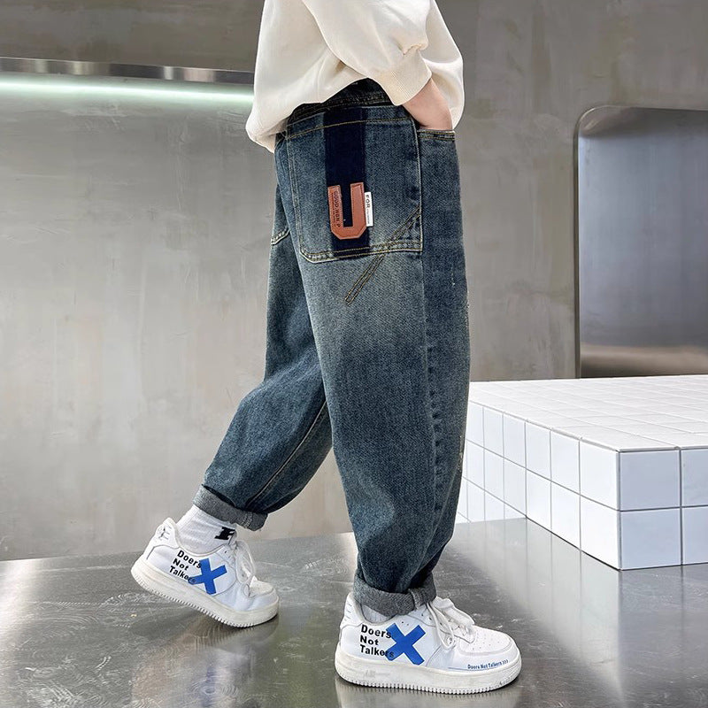 Boys' spring pants: new  denim jeans for spring and autumn, kids' trousers, trendy boys' street style pants, loose fit korean style