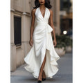 New european and american independent website style: cross-border satin v-neck sleeveless ruched waist ruffle hem elegant dress