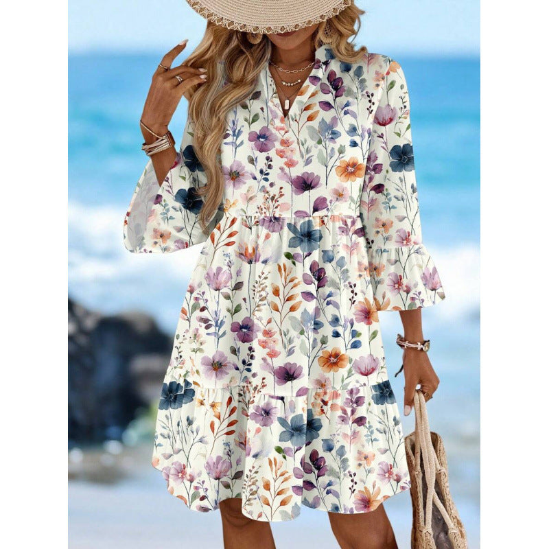 Amazon summer european style casual minimalist elegant bohemian romantic vacation v-neck dress for women