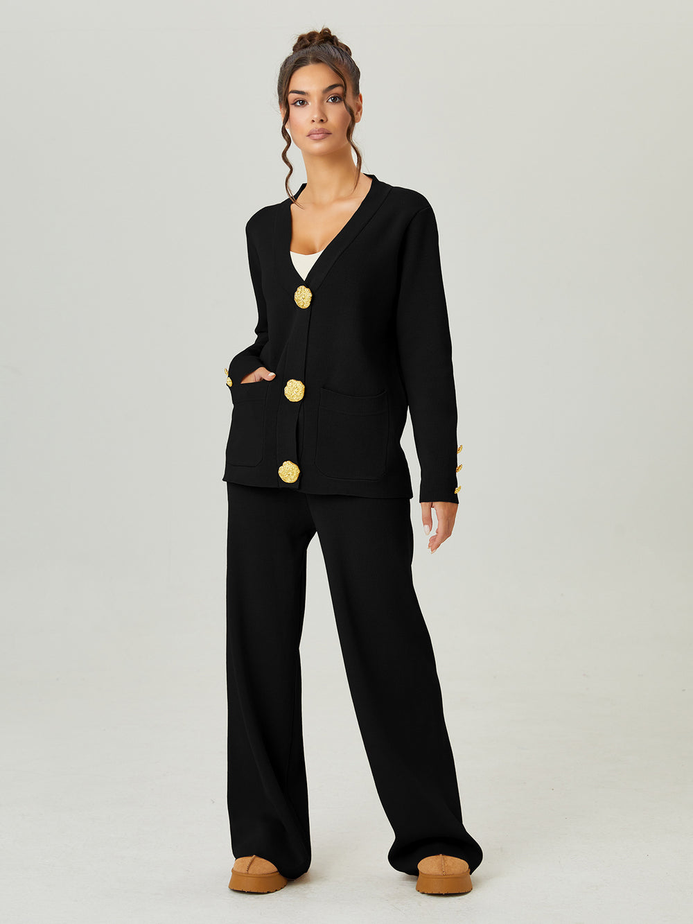 Premium chanel-inspired two-piece set for women: versatile knitted cardigan with metal button detail and casual pants - perfect for autumn and winter