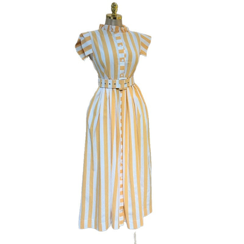 European and american cross-border women's fashion:  spring new arrival - elegant and stylish yellow striped ruffle-trimmed tie-waist dress