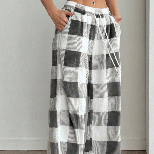 Amazon  cross-border american style wide-leg pants for women, new summer lightweight plaid print straight-leg casual pants