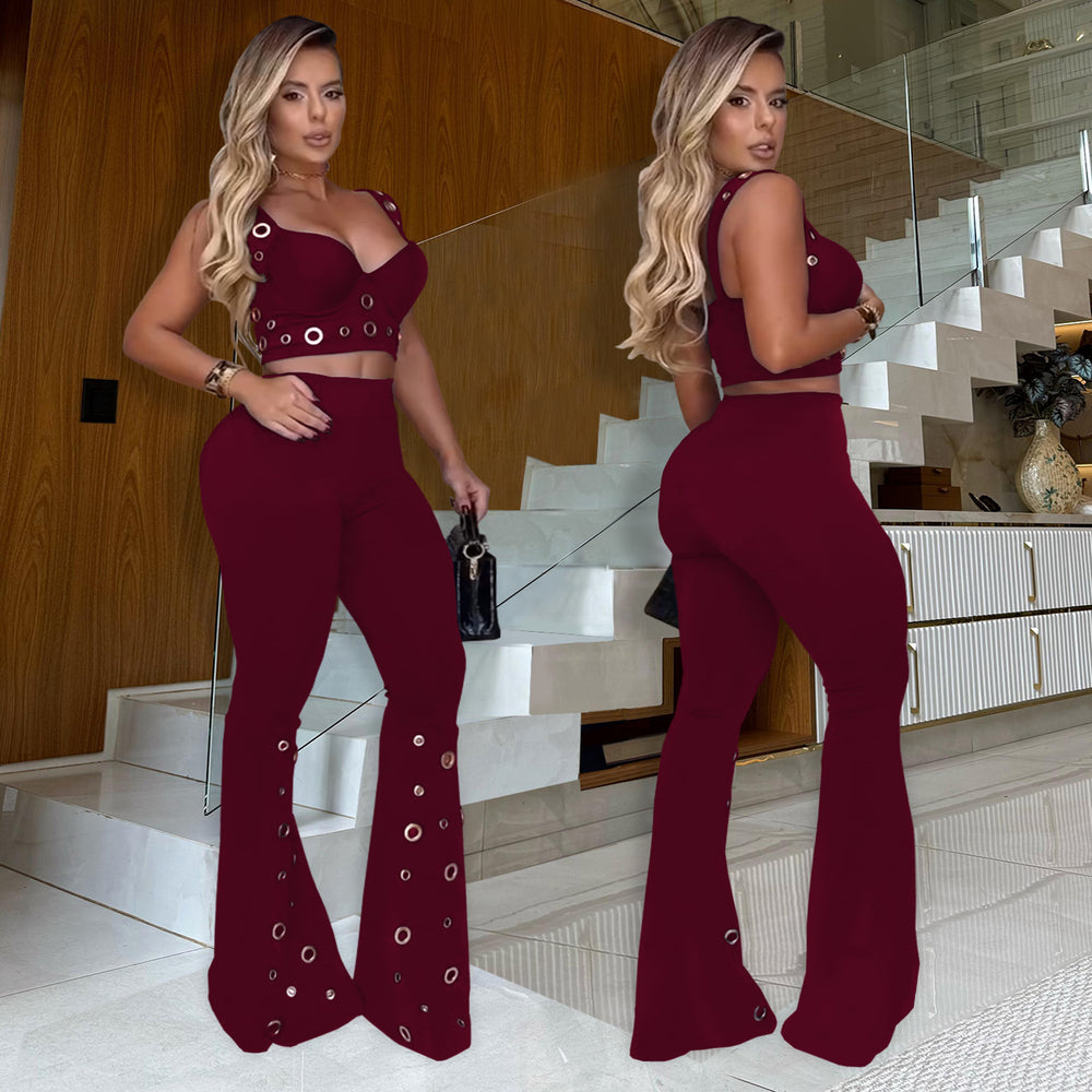 C7451 cross-border   fashion women's elegant sexy top and wide-leg pants two-piece set