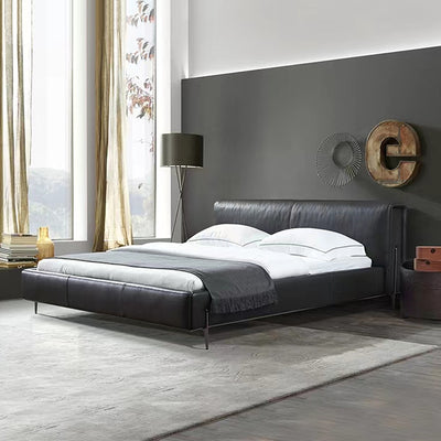 Italian normcore big black cow genuine leather bed classy house master bedroom designer 1.8m double bed soft headboard