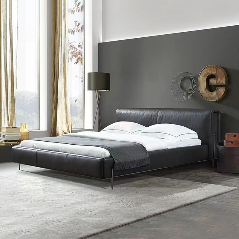 Italian normcore big black cow genuine leather bed classy house master bedroom designer 1.8m double bed soft headboard