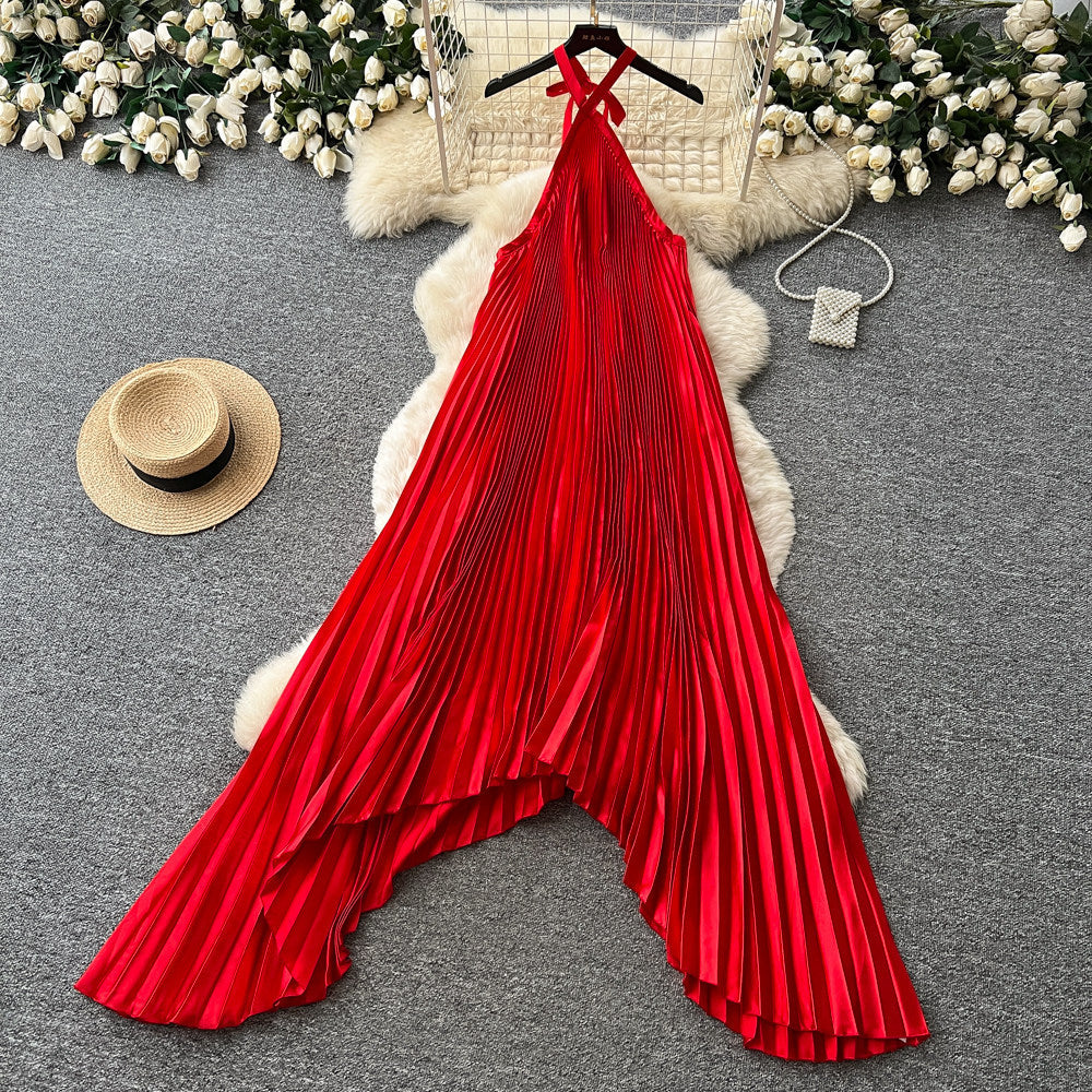 Vacation style red halterasymmetricaldress women's k-style high waistpleated skirt sleeveless a-line skirt classy sense