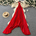 Vacation style red halterasymmetricaldress women's k-style high waistpleated skirt sleeveless a-line skirt classy sense