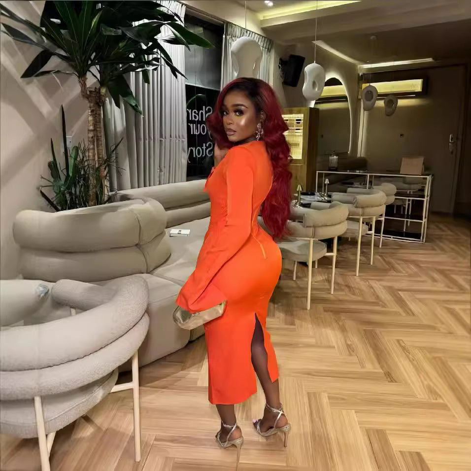European and american cross-border women's fashion:  autumn/winter new collection - solid color long sleeve crew neck faux pocket bodycon slit maxi dress