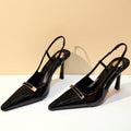 2026 spring/autumn new pointed-toe stiletto sandals - luxury metallic buckle patent leather sexy open-back closed-toe women's shoes