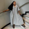 European and american women's clothing  autumn new collection: sweet & fresh, loose fit, plus size v-neck striped short sleeve dress - maxi length