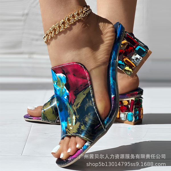 LZT1609 European and American color crystal medium heel fish mouth women's shoes thick heel rhinestone one-word drag large size cool slippers
