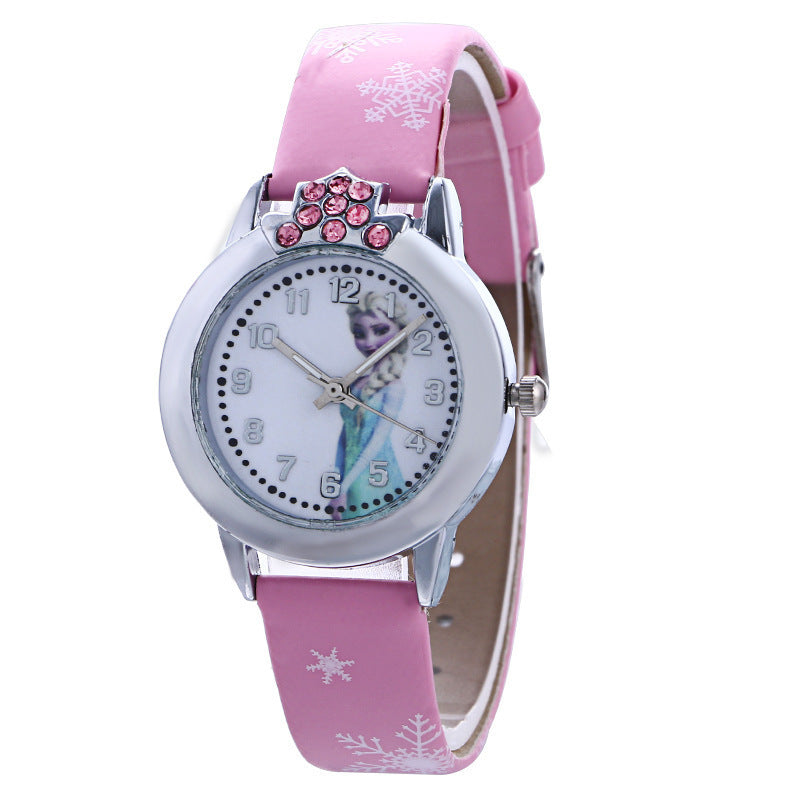 Frozen-themed cartoon fashion women's watch - trendy digital dial quartz watch with leather strap - white
