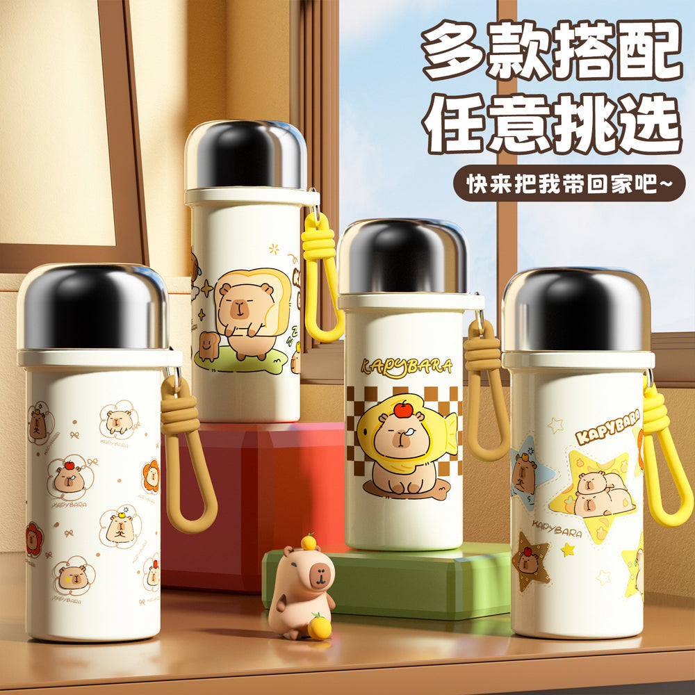 316 stainless steel high-style insulated tumbler - cute capybara design - kids' water bottle - portable handheld double-drink straw cup