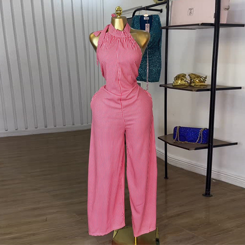 European and american women's clothing  autumn new sweet and fresh striped halter neck backless high waist straight leg jumpsuit pants