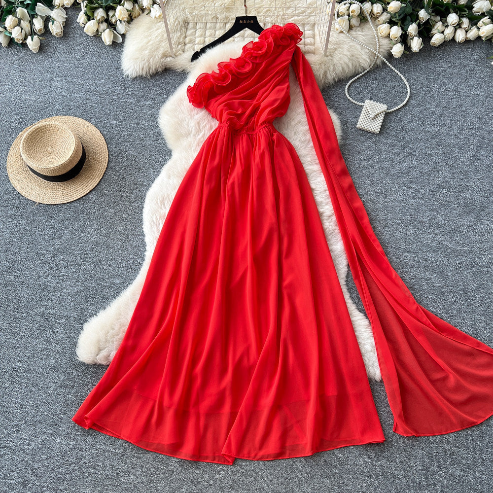 Pure desire red halter dress women's summer slimming look age reduction stereo flower decoration long dress eleganceelegant dress