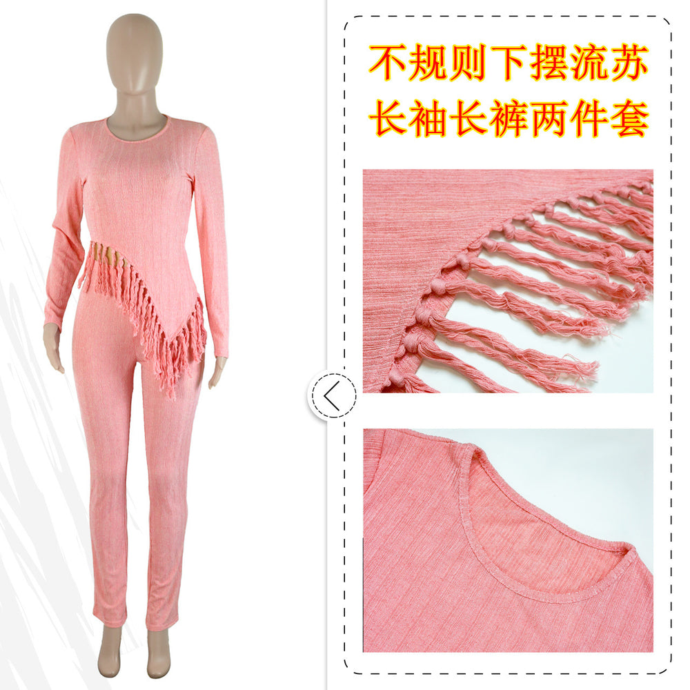 cross-border fashion: new autumn solid color long sleeve tassel hem pants two-piece set for  (us & europe)
