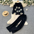 Trendy and chic heavy beaded 3d floral long sleeve knit top and high-waisted casual sweater pants two-piece set for women