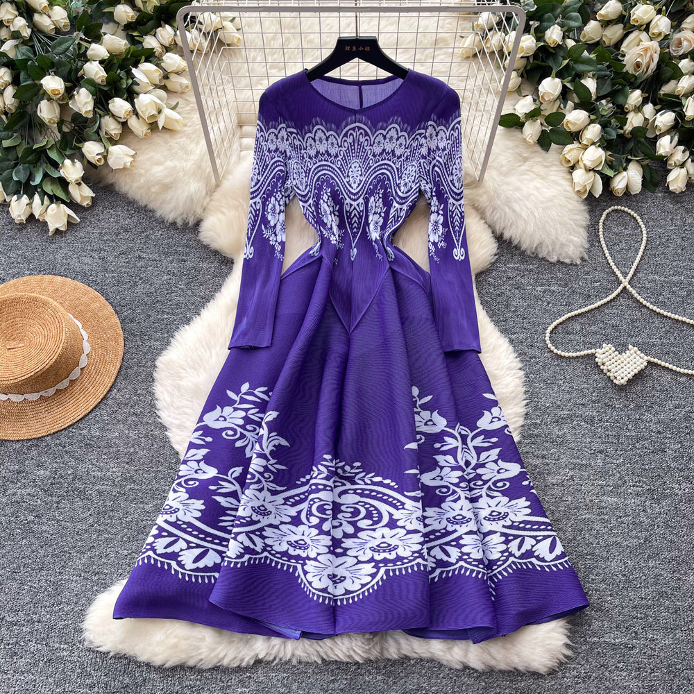 French romantic style printed stretch dress - women's summer long sleeve slim fit a-line dress - high-end commute dress